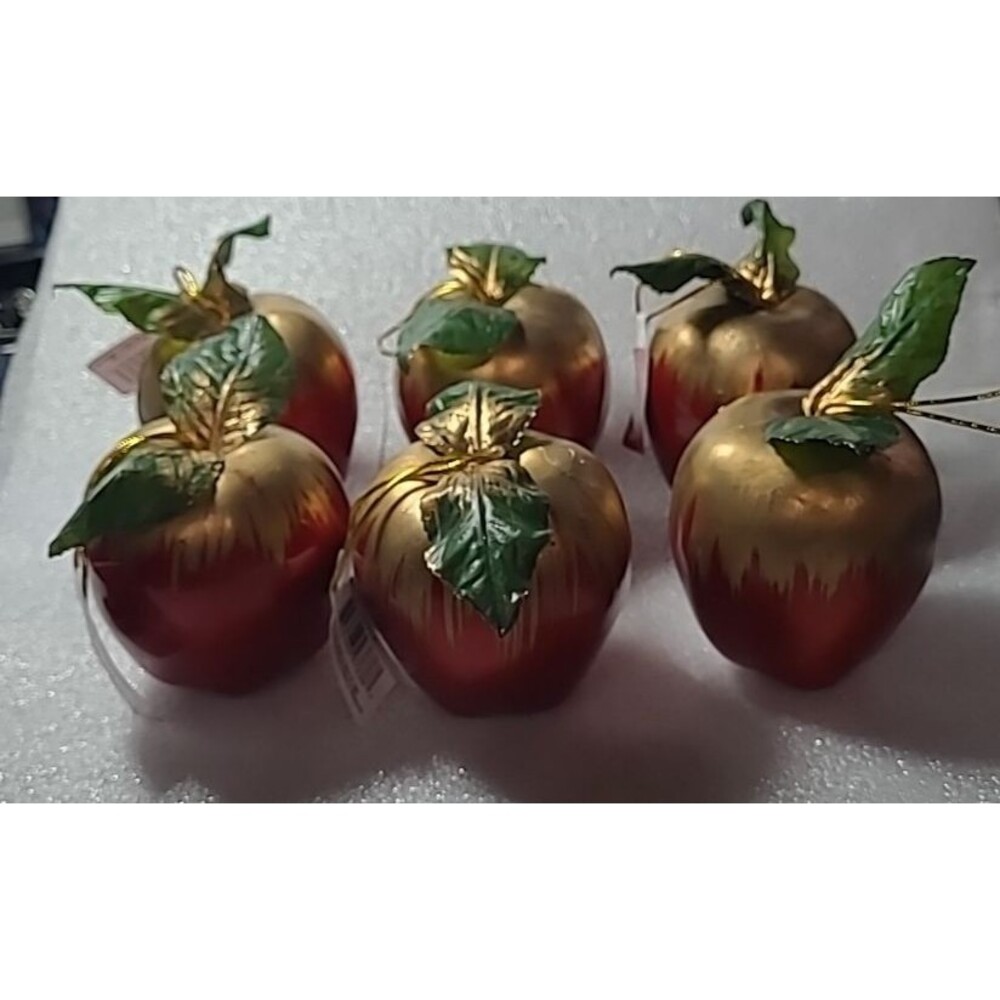 6 Vintage Red/Gold Apple Christmas Ornaments  w/green leaves - NEW